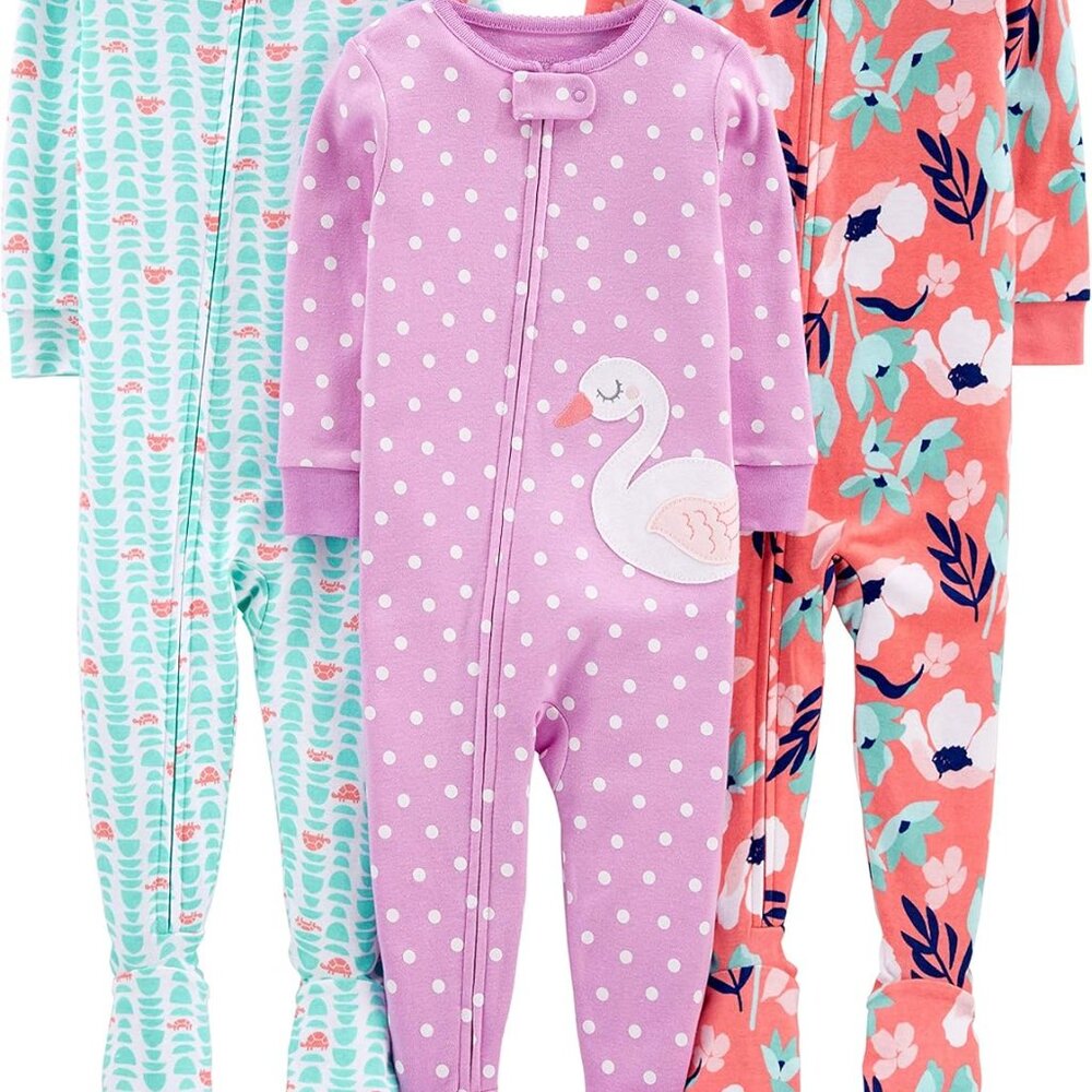 Comfortable 3-Pack Girls' Cotton Pajamas - Snug Footed for Cozy Nights 12M